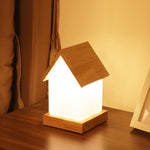 Small House LED Table Lamp in Natural Wood and Frosted Glass for Kids' Rooms