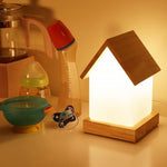 Small House LED Table Lamp in Natural Wood and Frosted Glass for Kids' Rooms