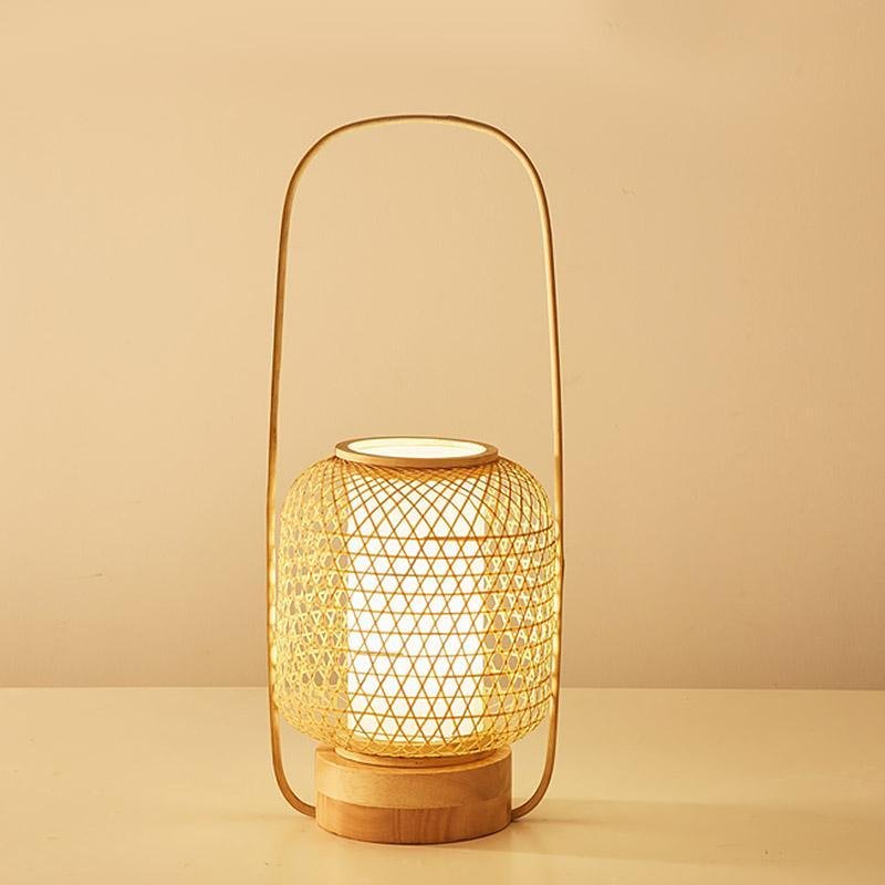 Rustic Woven Bamboo Table Lamp With Cylinder Led Light Usb Port