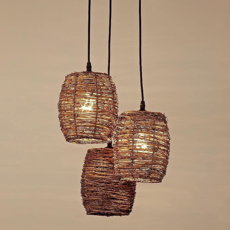 Artisan Wicker Pendant Light Trio — Natural Burlywood Handwoven Shade Set