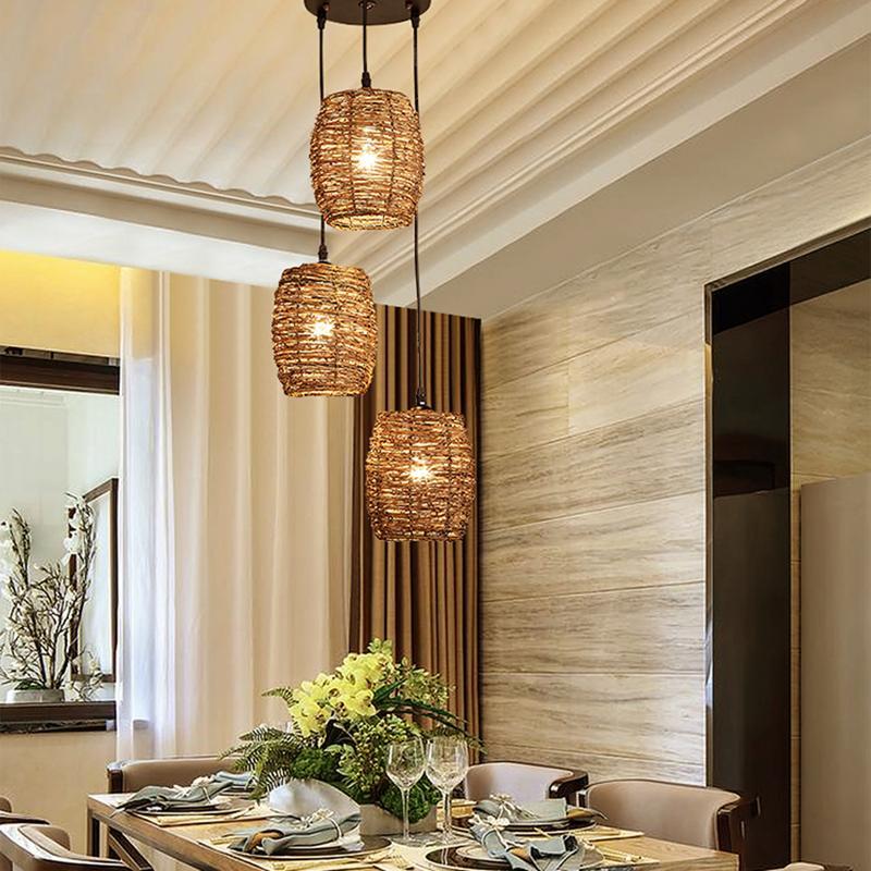 Artisan Wicker Pendant Light Trio — Natural Burlywood Handwoven Shade Set