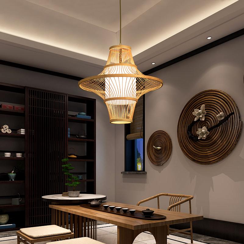 Burlywood Bamboo Pendant Light with Dual Conical Shades