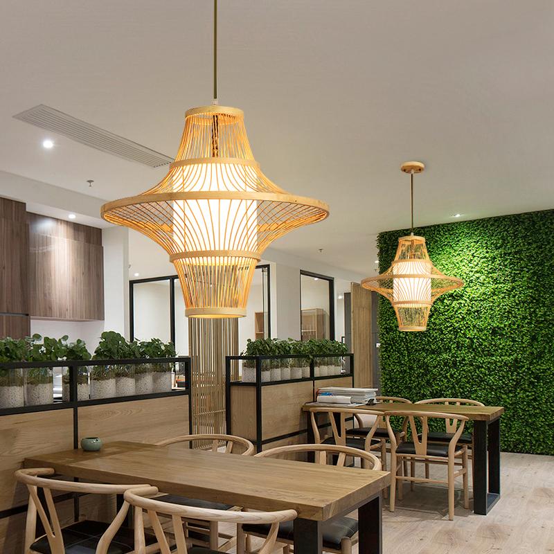 Burlywood Bamboo Pendant Light with Dual Conical Shades
