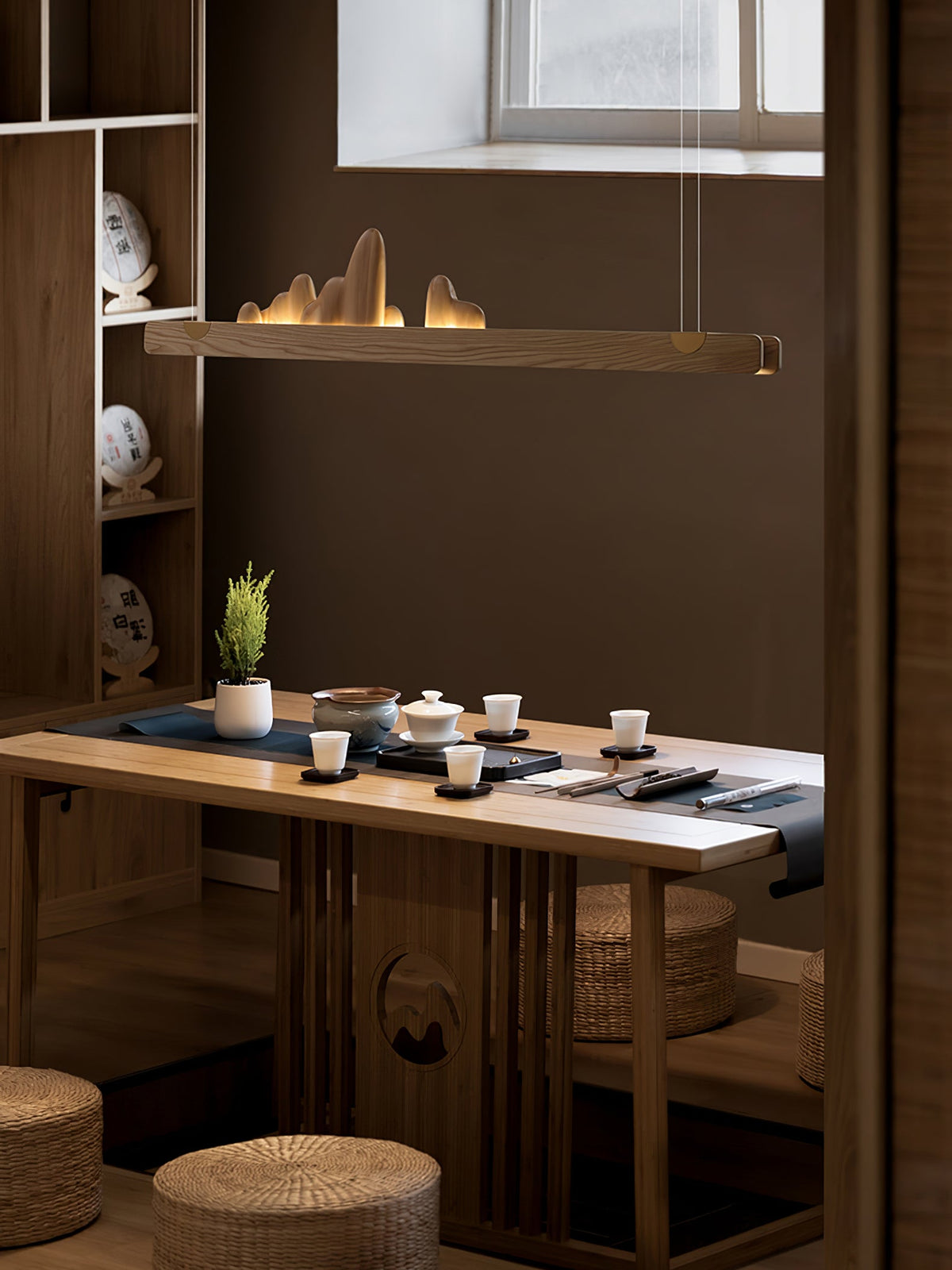 Zen Ridge Wooden Linear LED Pendant Light for Dining Room and Kitchen Island