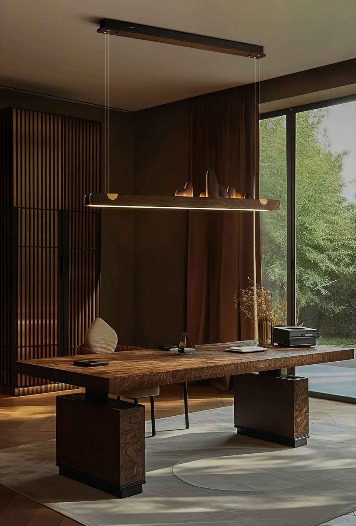 Zen Ridge Wooden Linear LED Pendant Light for Dining Room and Kitchen Island
