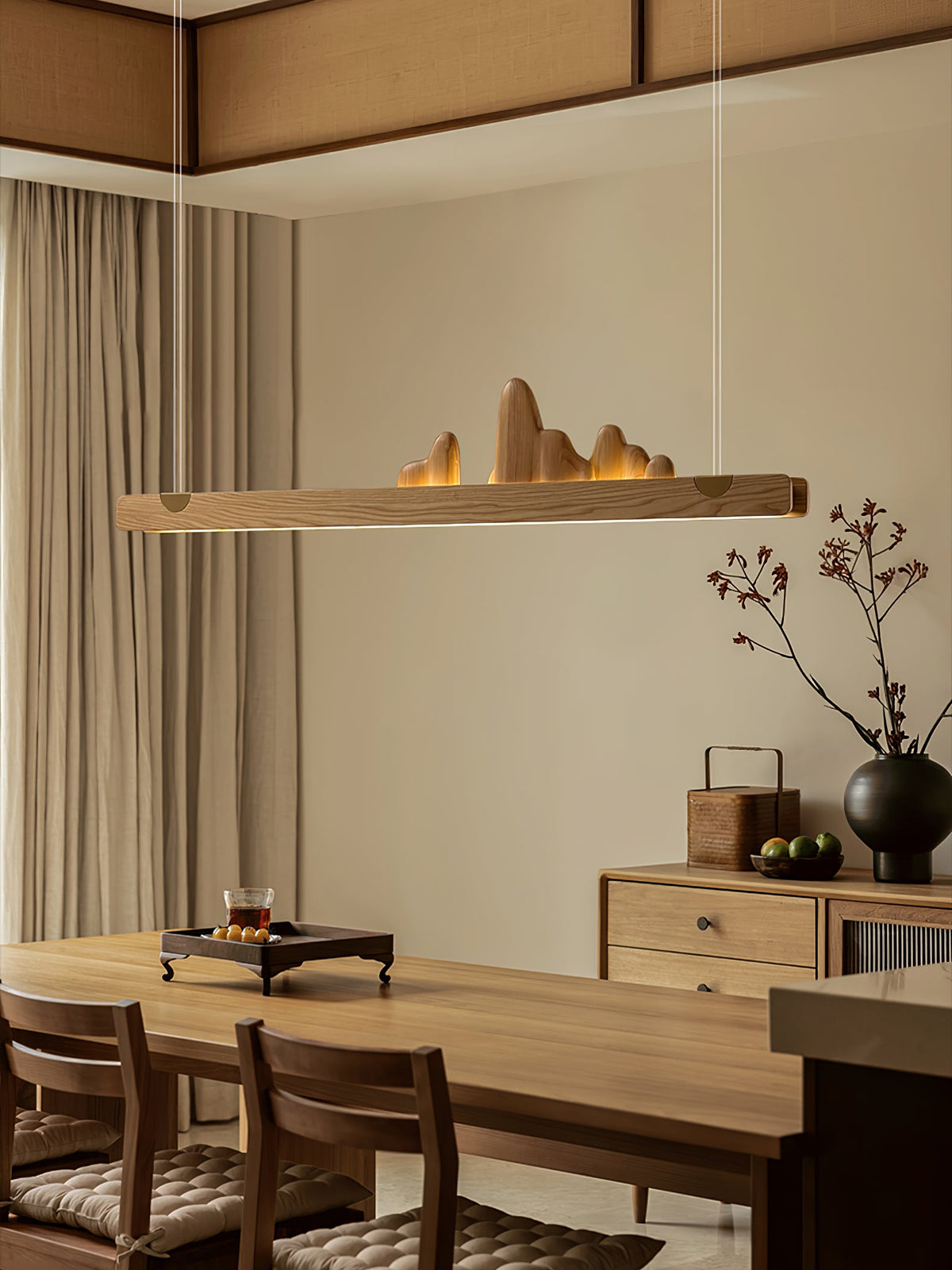 Zen Ridge Wooden Linear LED Pendant Light for Dining Room and Kitchen Island