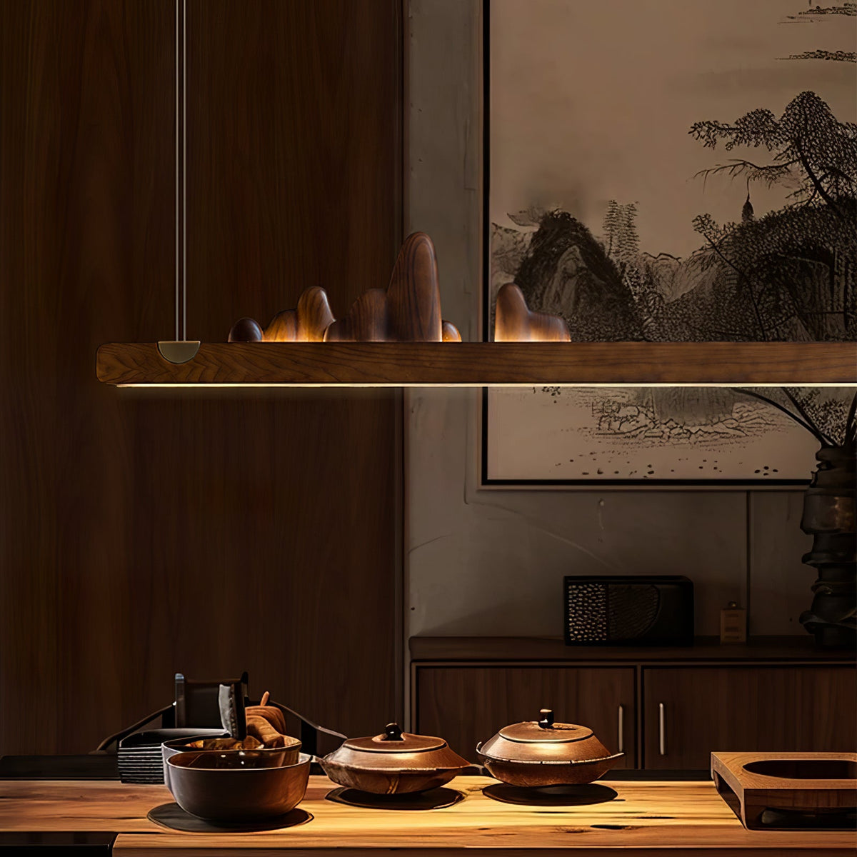 Zen Ridge Wooden Linear LED Pendant Light for Dining Room and Kitchen Island