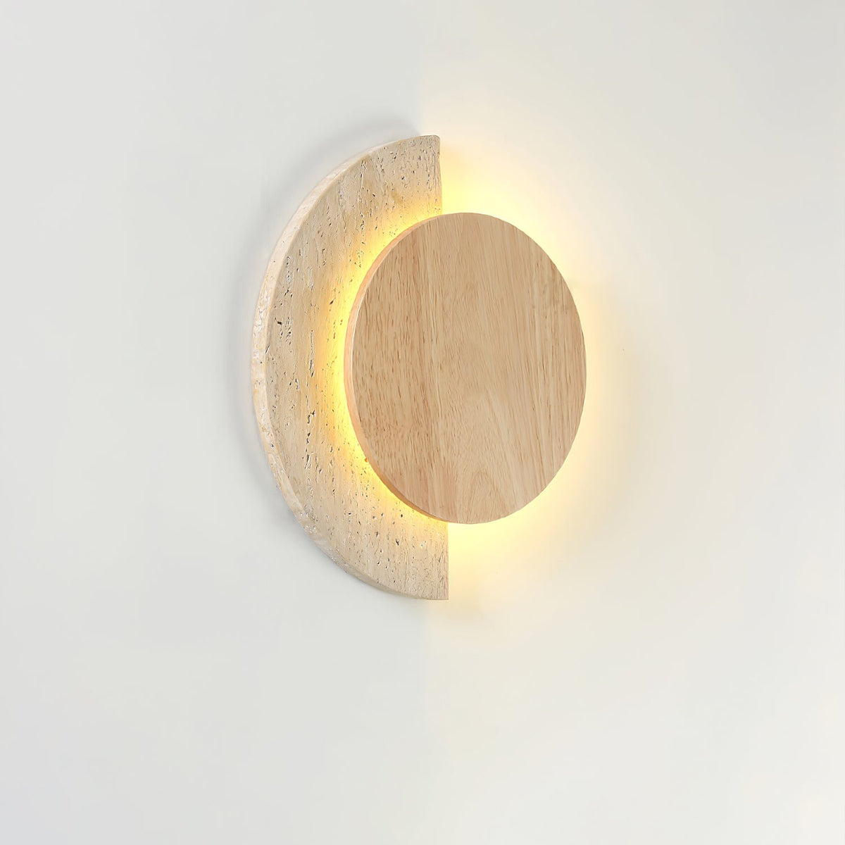 Crescent Halo Plug-In Wall Sconce in Natural Travertine and Wood