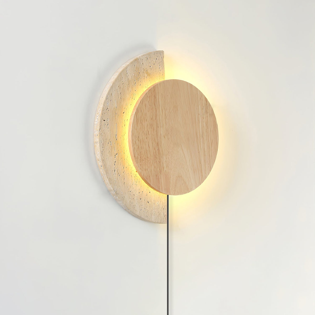 Crescent Halo Plug-In Wall Sconce in Natural Travertine and Wood
