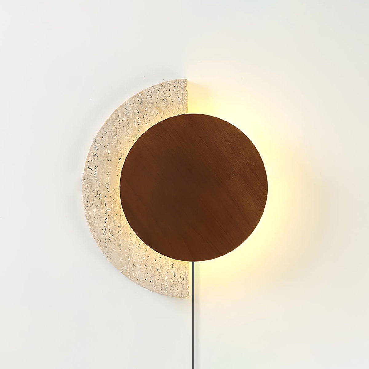 Crescent Halo Plug-In Wall Sconce in Natural Travertine and Wood