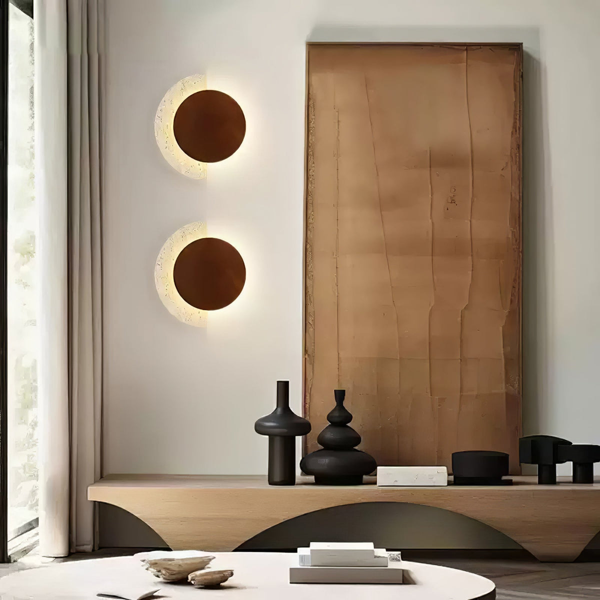 Crescent Halo Plug-In Wall Sconce in Natural Travertine and Wood