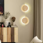 Crescent Halo Plug-In Wall Sconce in Natural Travertine and Wood