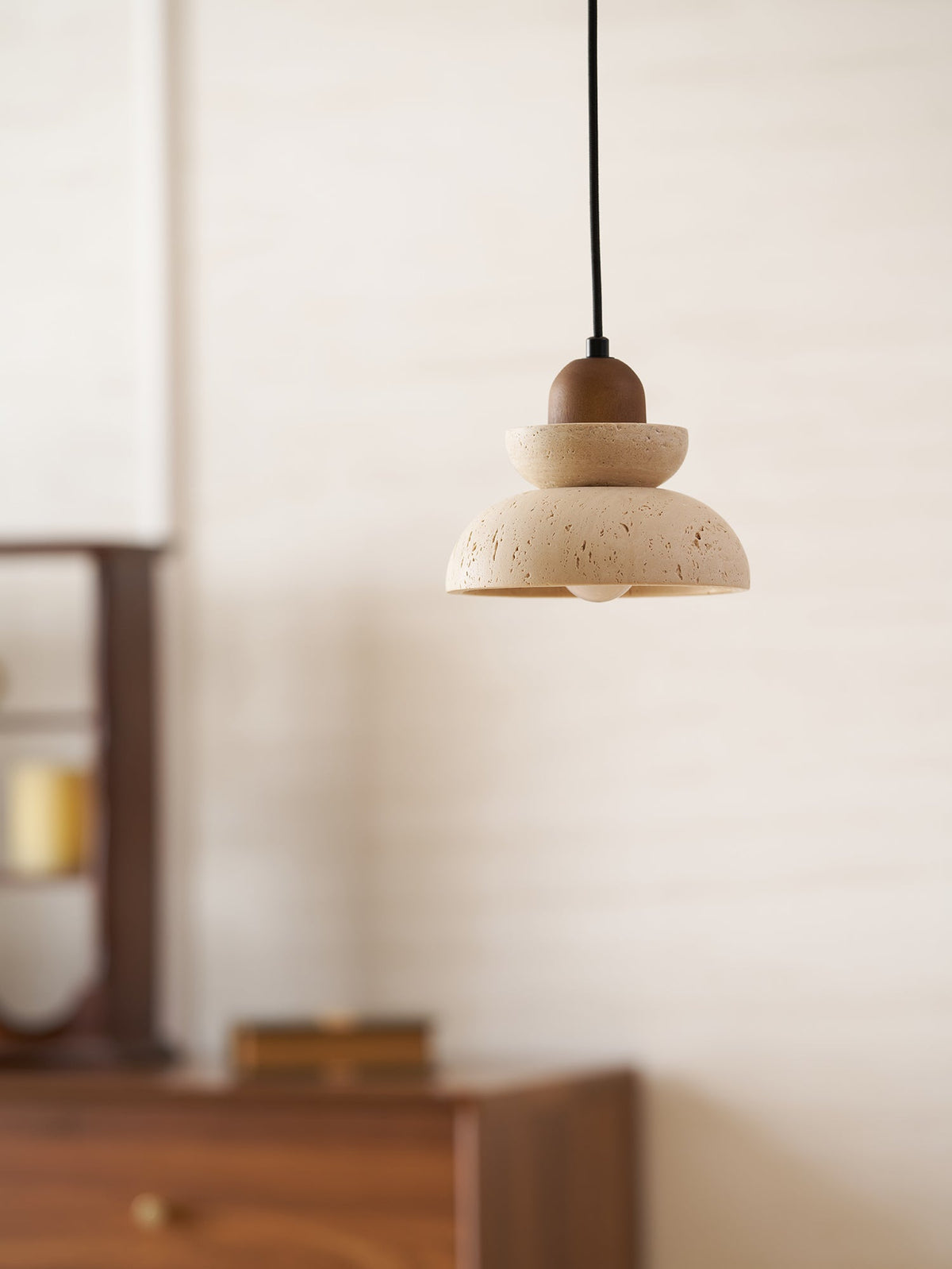 Zenith Tier Pendant Light in Natural Travertine and Walnut