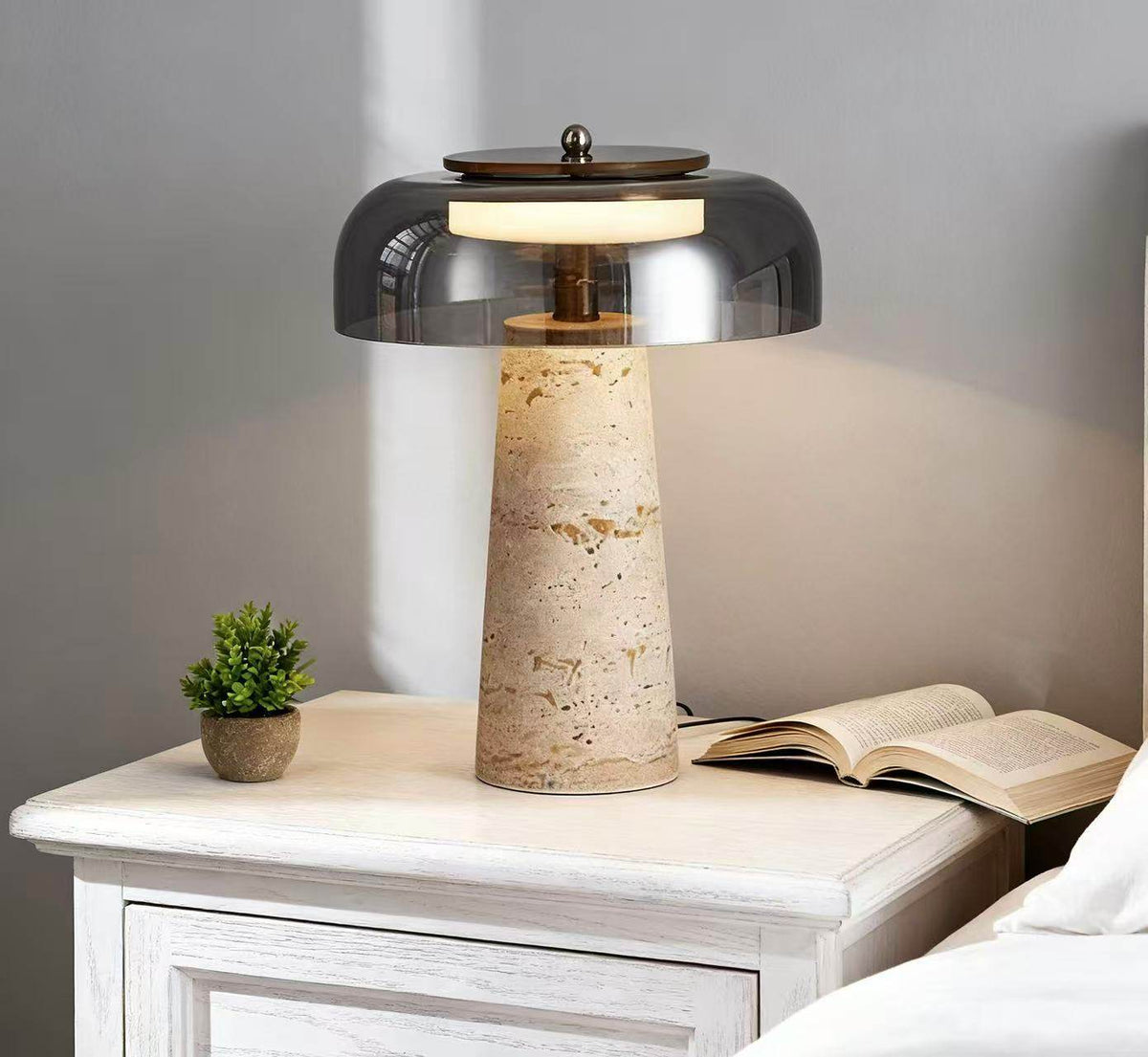 Strata Table Lamp in Yellow Travertine with Smoked Glass Shade