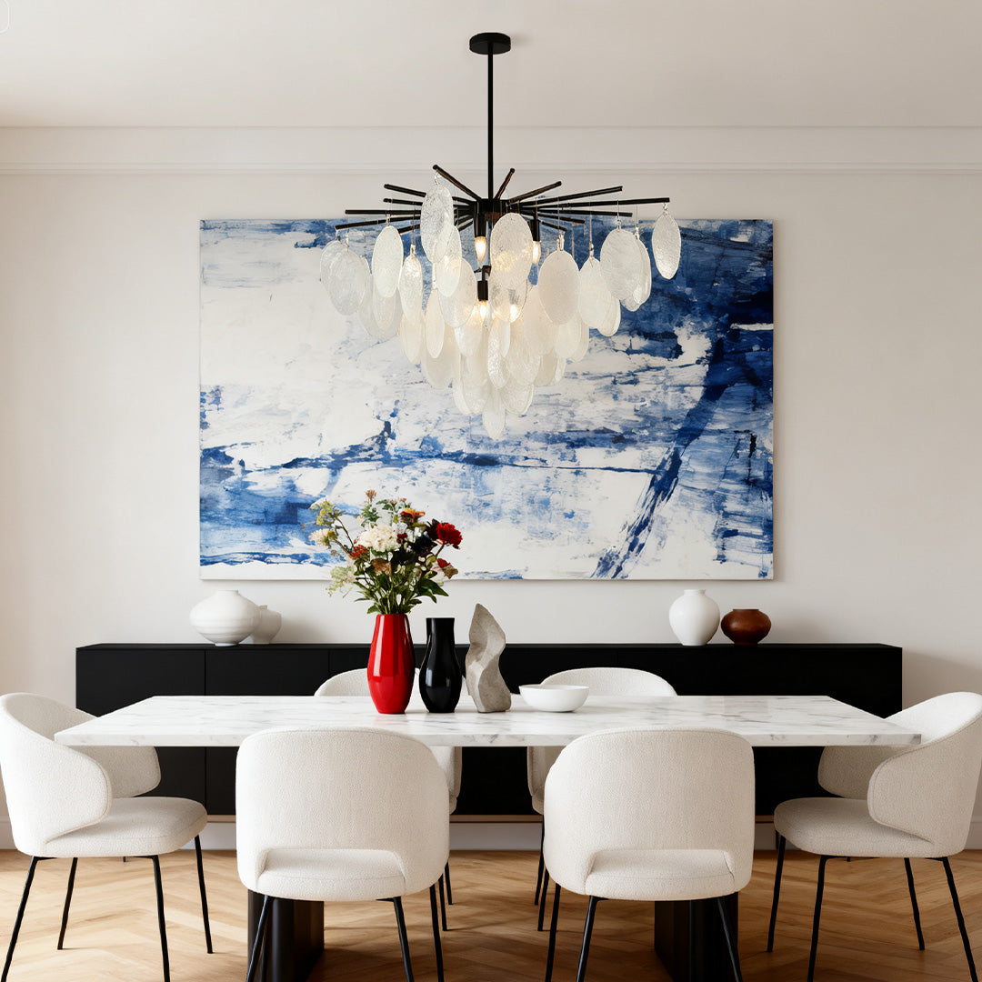 Mother of Pearl Chandelier with Black Metal Frame and Clear Glass Shades