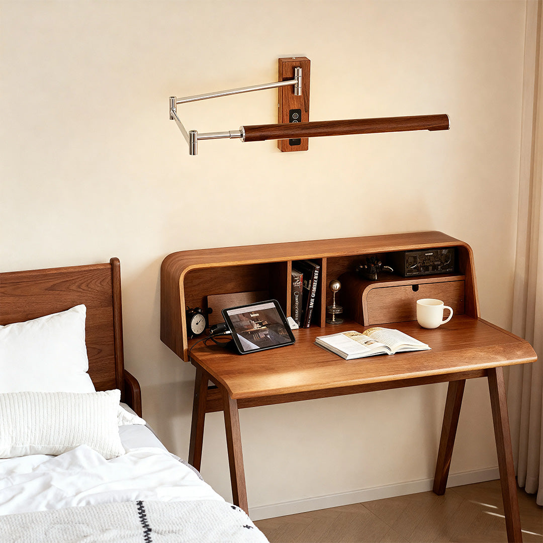 Swing Arm Wall Sconce in Silver Iron with Walnut Accents, Mid-Century Modern LED Reading Lamp
