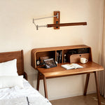 Swing Arm Wall Sconce in Silver Iron with Walnut Accents, Mid-Century Modern LED Reading Lamp