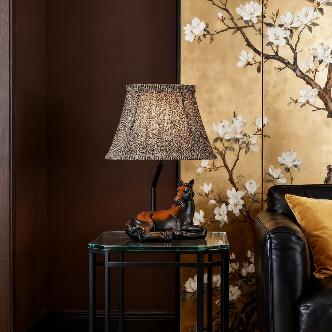 Equestrian Sculpture Table Lamp with Fabric Shade – European Style Resin Lighting