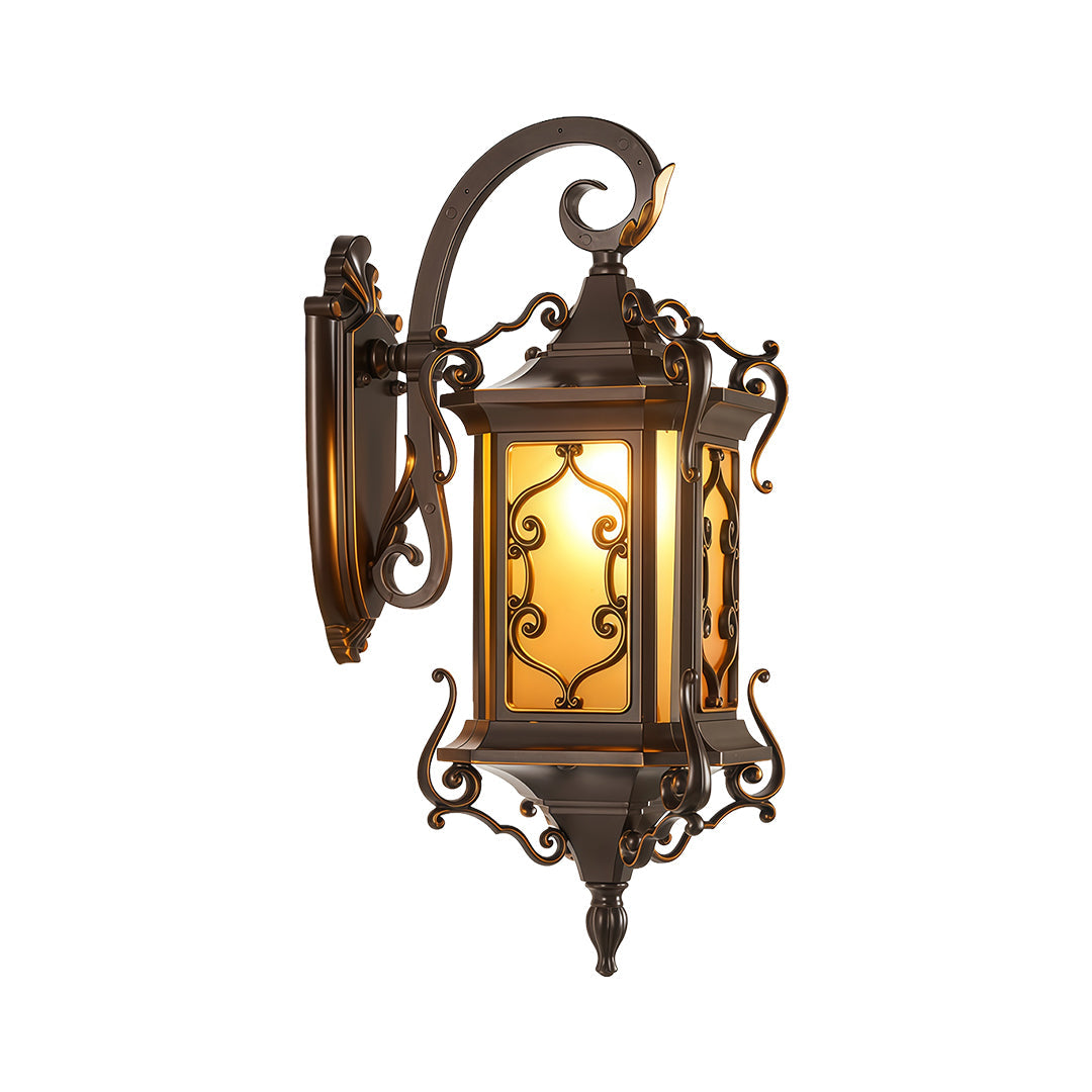 European Outdoor Wall Sconce with Gilded Aluminum Frame and Artisan Glass Shade