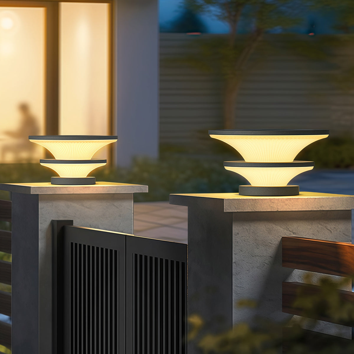 Modern Round Outdoor Pillar Lights in Black Stainless Steel