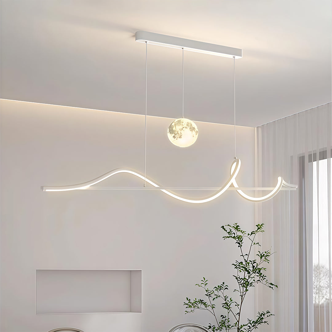 Art Deco Moon Pendant Light with Adjustable Chain, Dimmable LED Linear Suspension