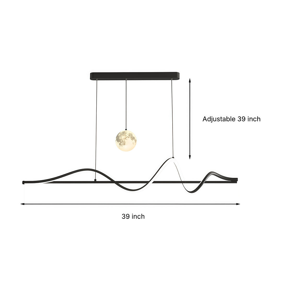 Art Deco Moon Pendant Light with Adjustable Chain, Dimmable LED Linear Suspension