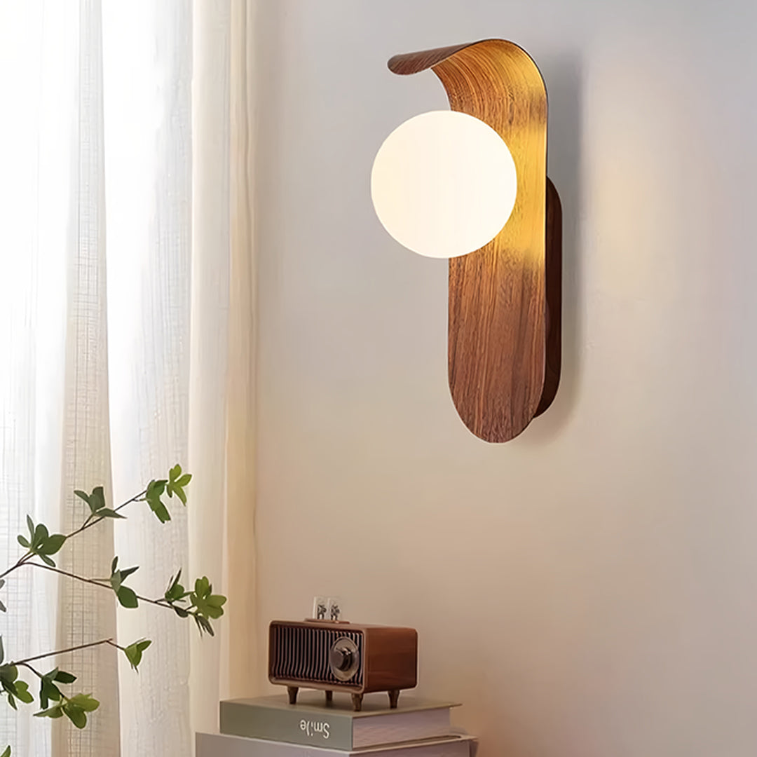 Mid-Century Wood Grain LED Wall Sconce with Spherical Shade