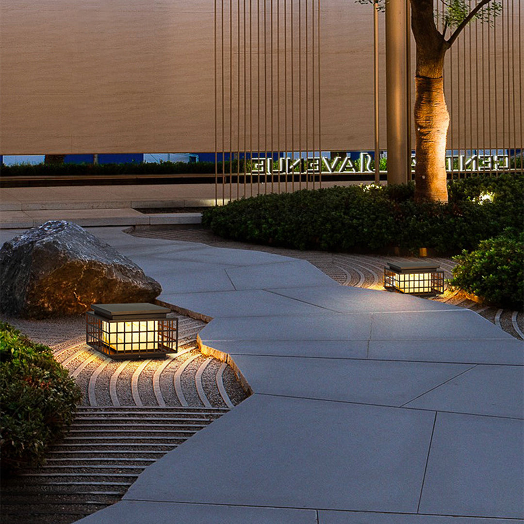 Stainless Steel Solar Pillar Lights with Alabaster Shade for Modern Courtyards