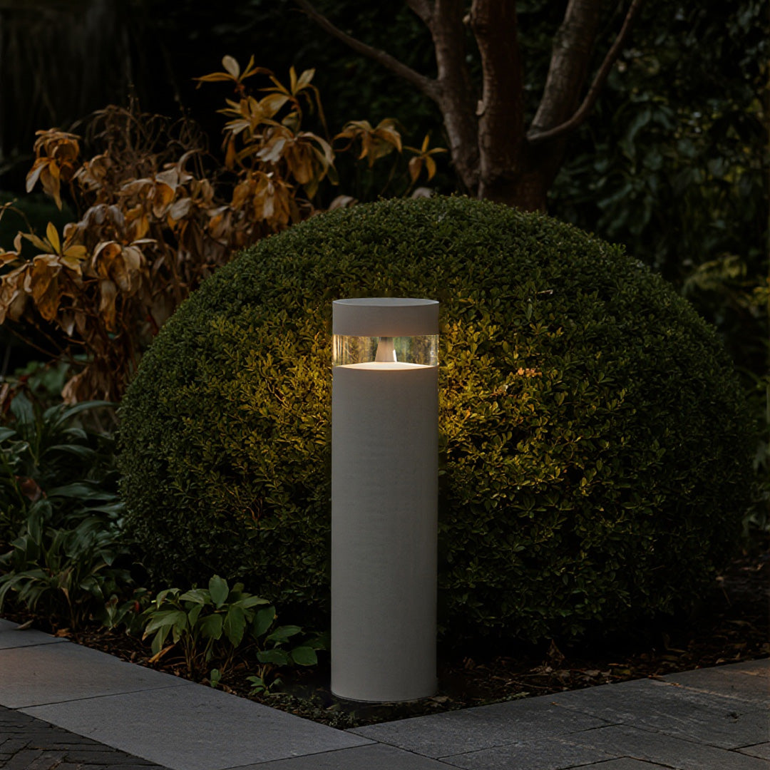Modern Outdoor Pathway Bollard Light in Sand Gray Aluminum with Warm LED Glow