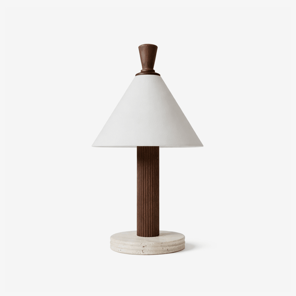 Sorrel Cone Table Lamp with Travertine Base and Wood Accent