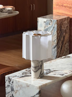 Orbis Veil Table Lamp – Sculptural Marble LED Lamp with Pleated Fabric Shade
