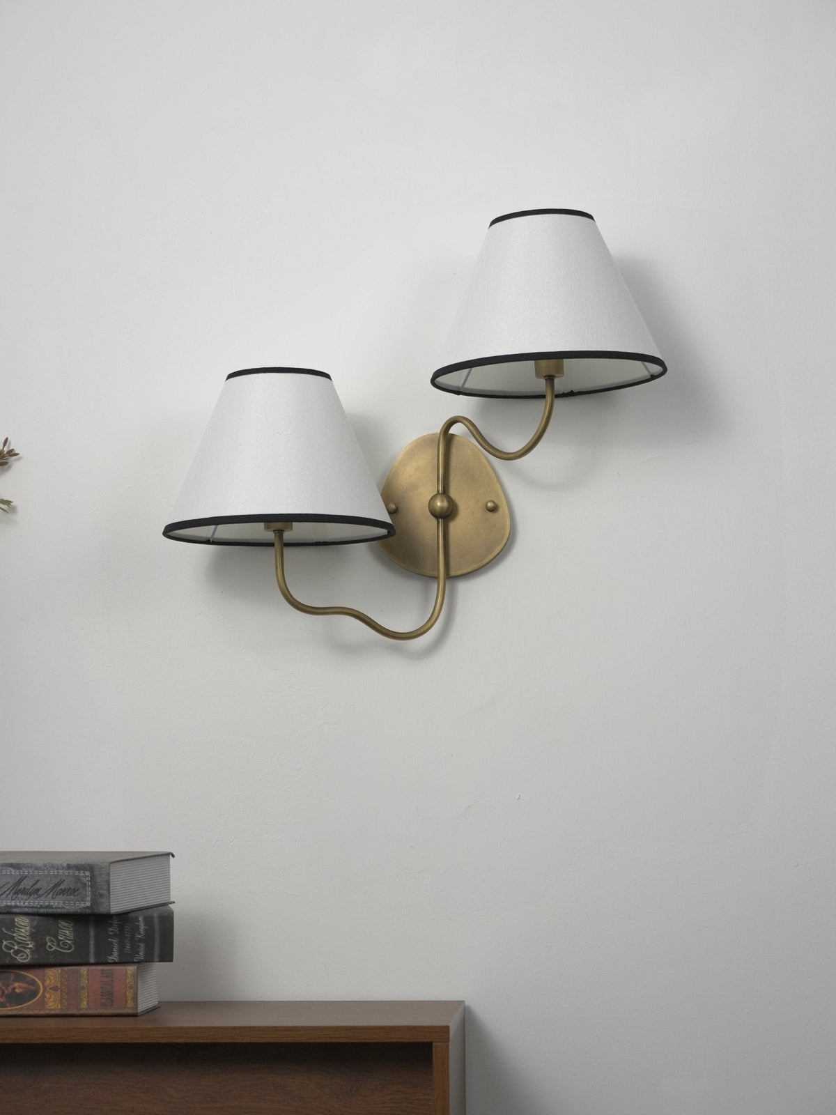 Clara Double Wall Sconce in Brushed Brass with White Fabric Shades