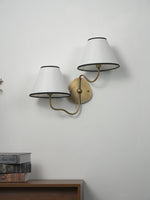 Clara Double Wall Sconce in Brushed Brass with White Fabric Shades