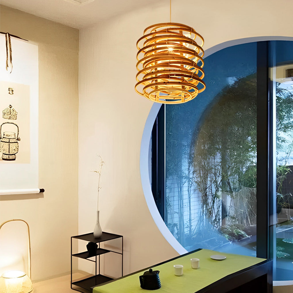 Artisan Bamboo Cylinder Pendant Light with Warm LED Glow