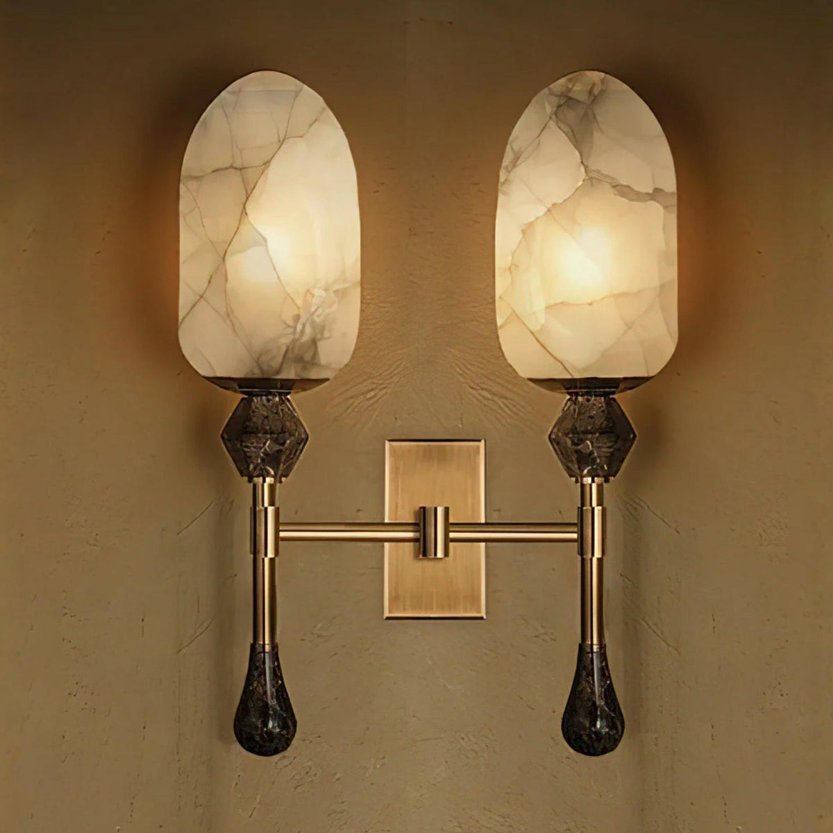 Alabaster Obelisk Double Sconce in Brass and Marble
