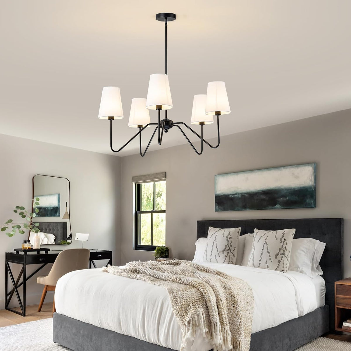 Lumos Black Chandelier – Modern Fabric Shade Pendant Light for Dining Room