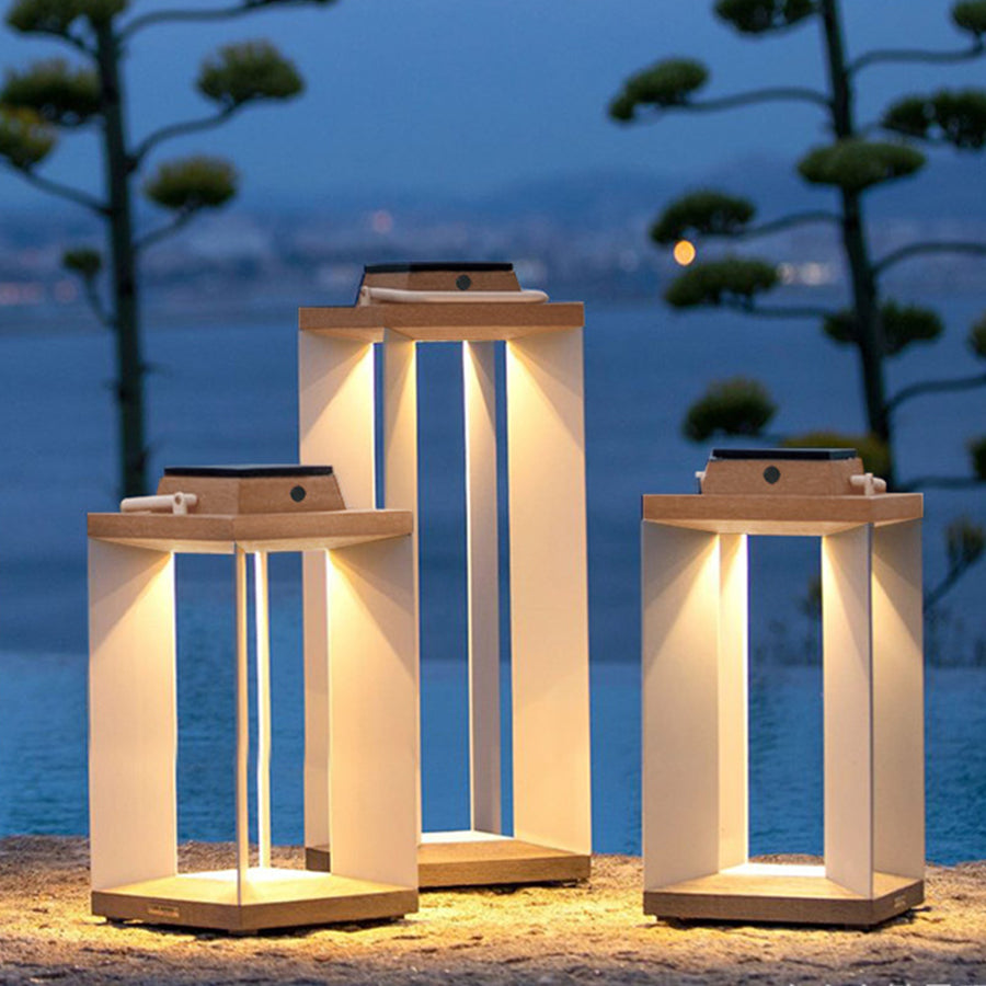 Modern Wooden Outdoor Lantern with Solar Charging and Warm LED Glow