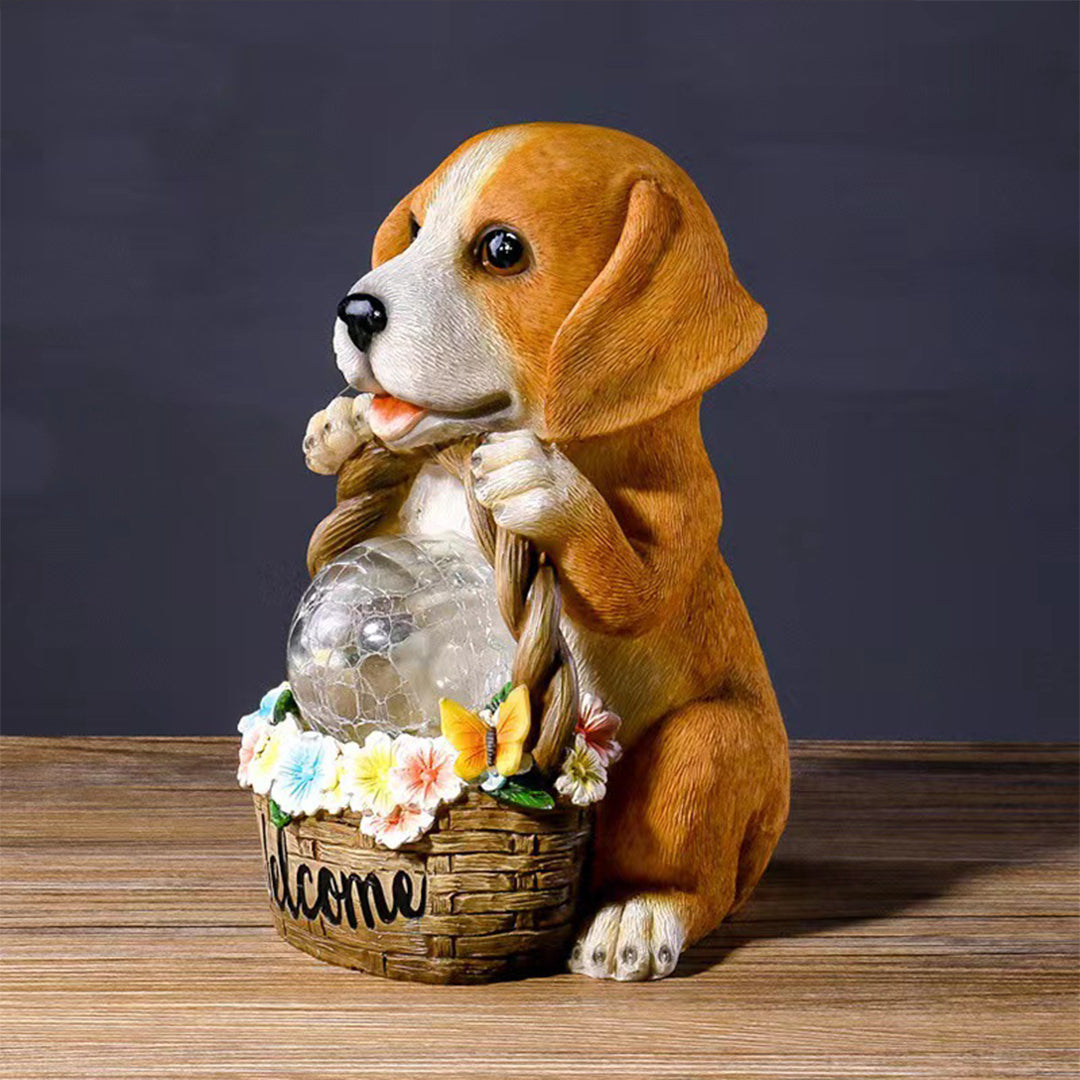 Solar-Powered Resin Puppy Garden Light with Flower Basket