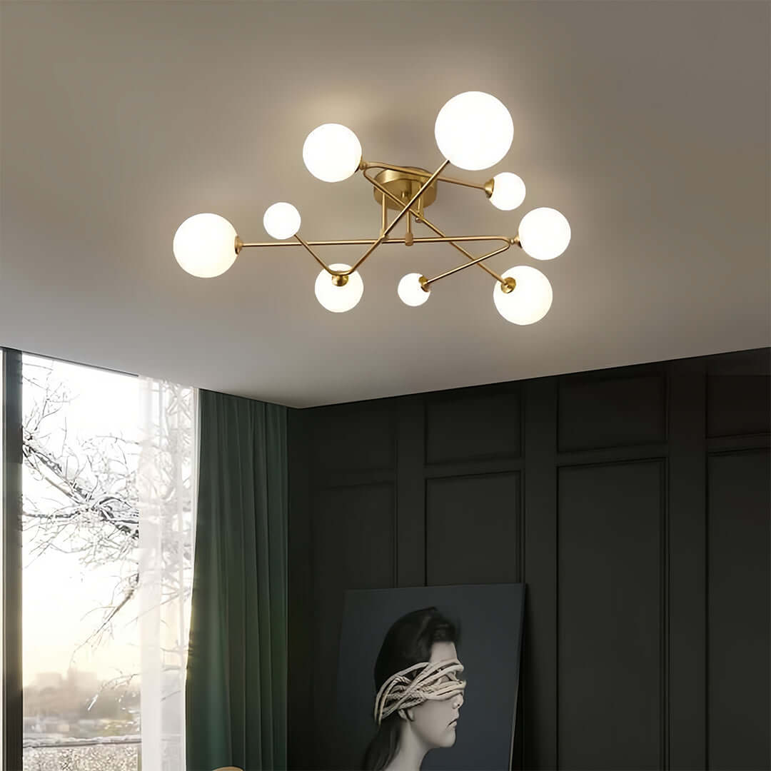 Nordic Gold Semi Flush Mount Ceiling Light with Milk Glass Shades