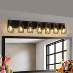 Black Metal Cage Vanity Light with Walnut Accents for Bathroom Mirror