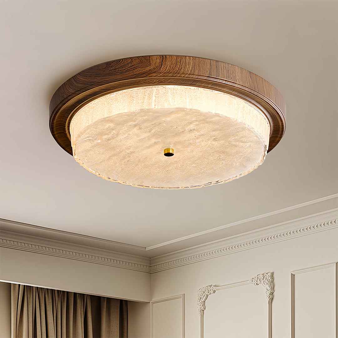 Artisan Wood Flush Mount Ceiling Light with Vintage Glass Shade