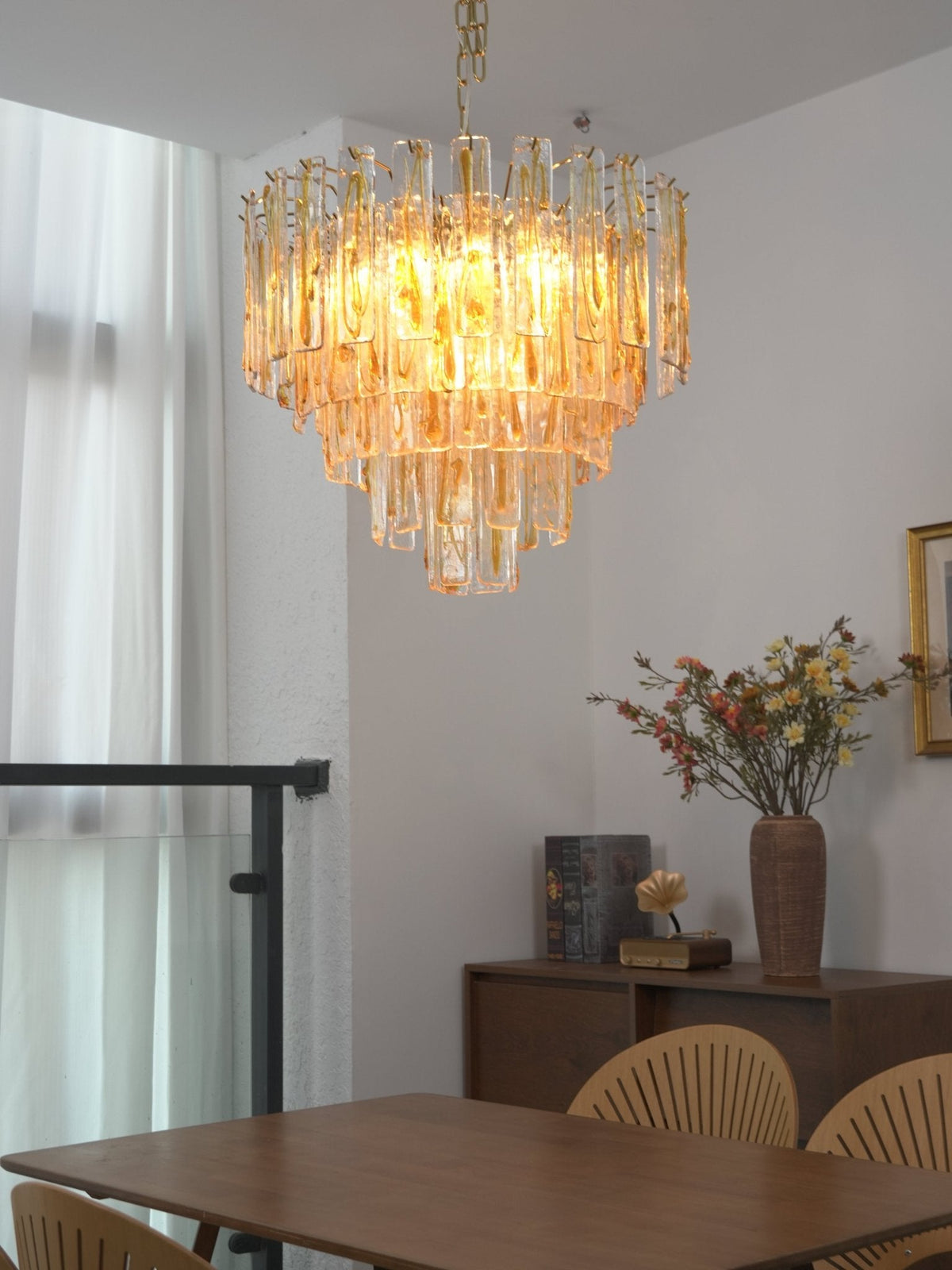 Amber Glass Chandelier with Brass Chain – Modern Luxury Lighting for Dining and Living Spaces