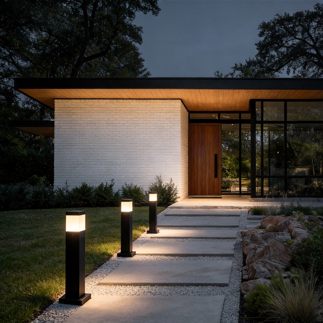 Modern Square Outdoor Bollard Light in Black with Warm White LED