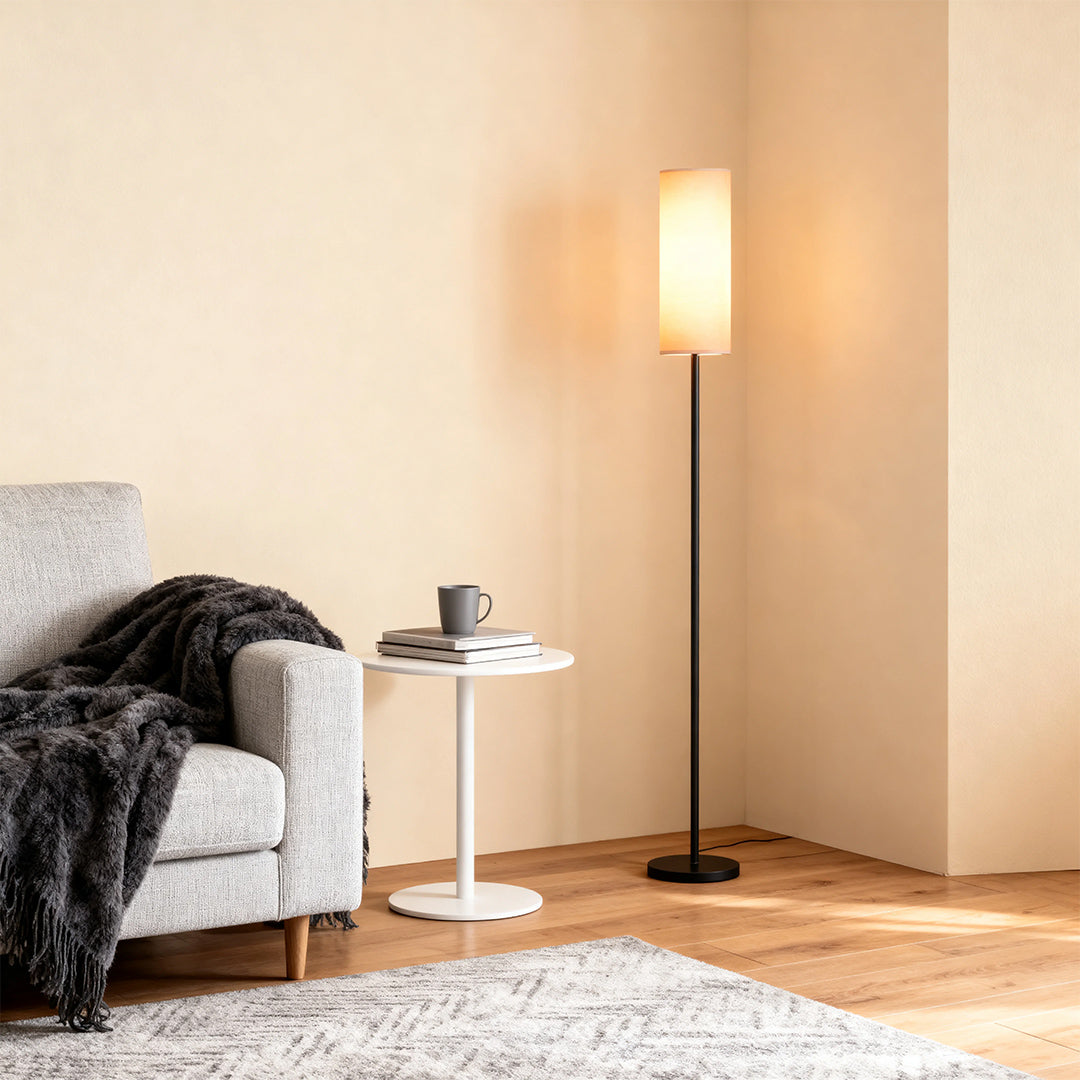 Black Wrought Iron Floor Lamp with Linen Shade, Mid-Century Modern
