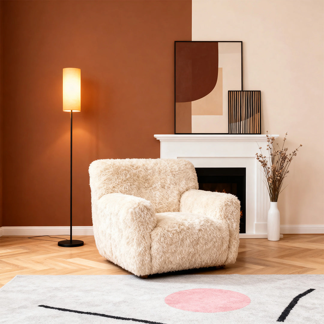 Black Wrought Iron Floor Lamp with Linen Shade, Mid-Century Modern
