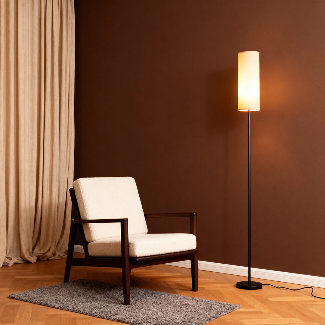 Black Wrought Iron Floor Lamp with Linen Shade, Mid-Century Modern