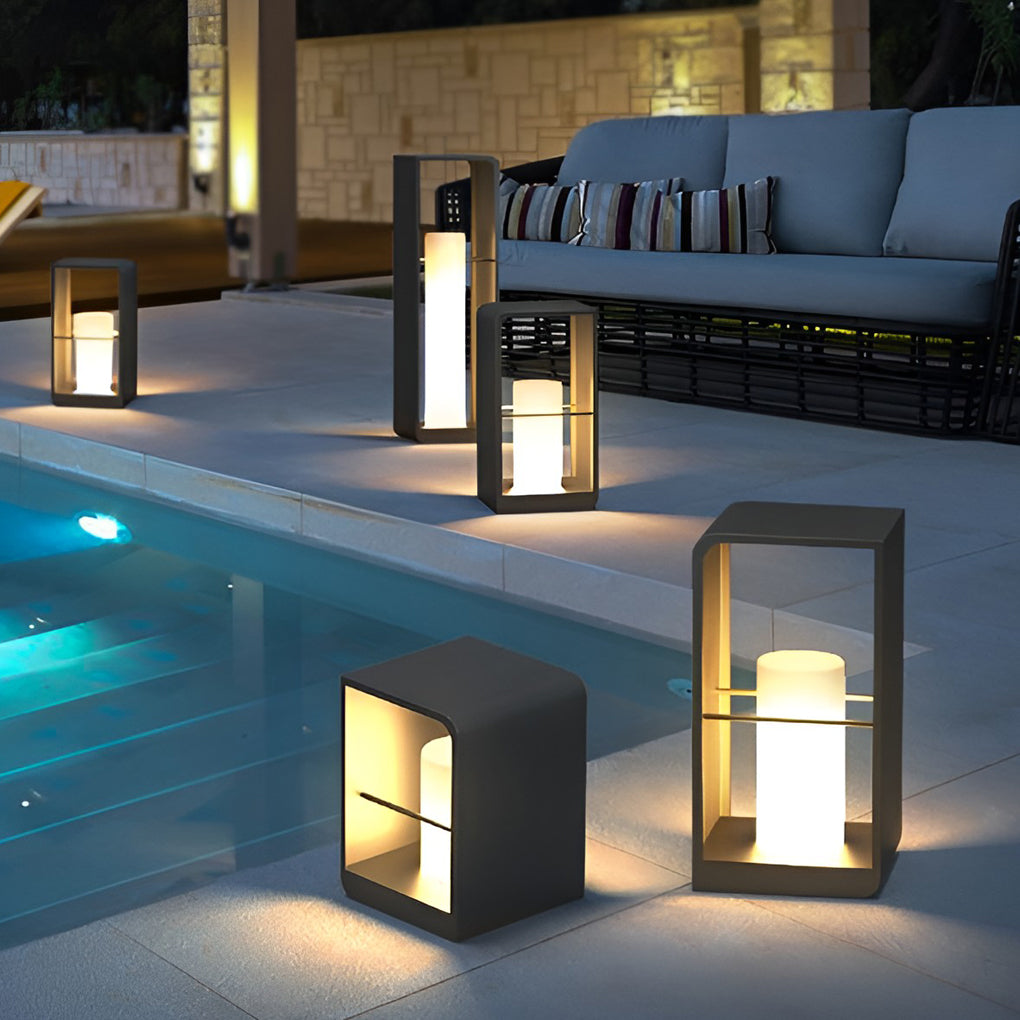 Black Rectangular Outdoor Lantern with Wooden Base