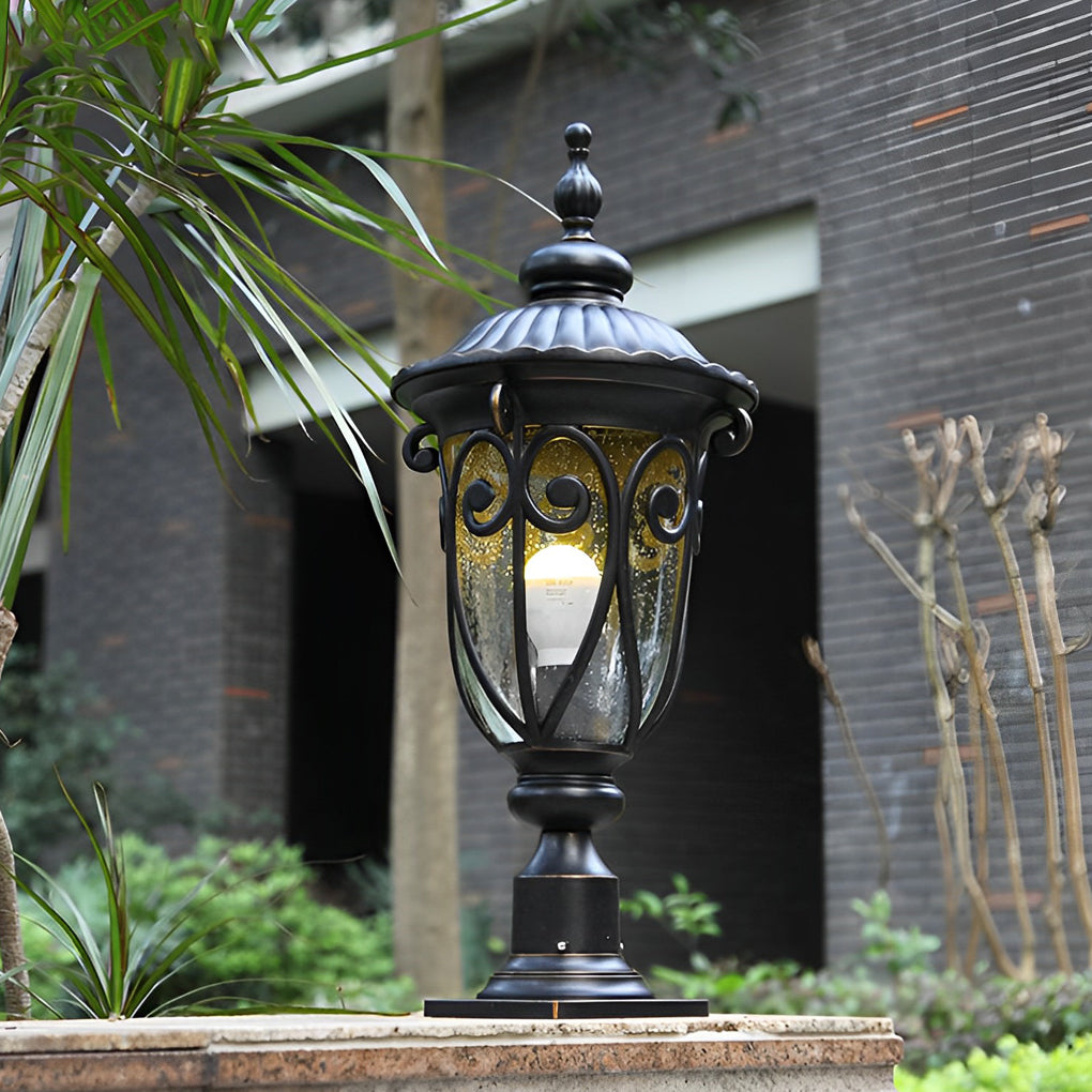 Retro Black Outdoor Pillar Lights with Glass Shade, IP54 Waterproof