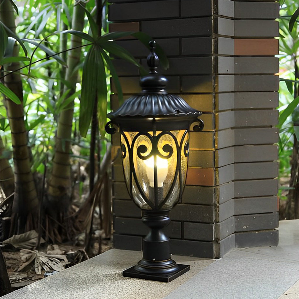 Retro Black Outdoor Pillar Lights with Glass Shade, IP54 Waterproof