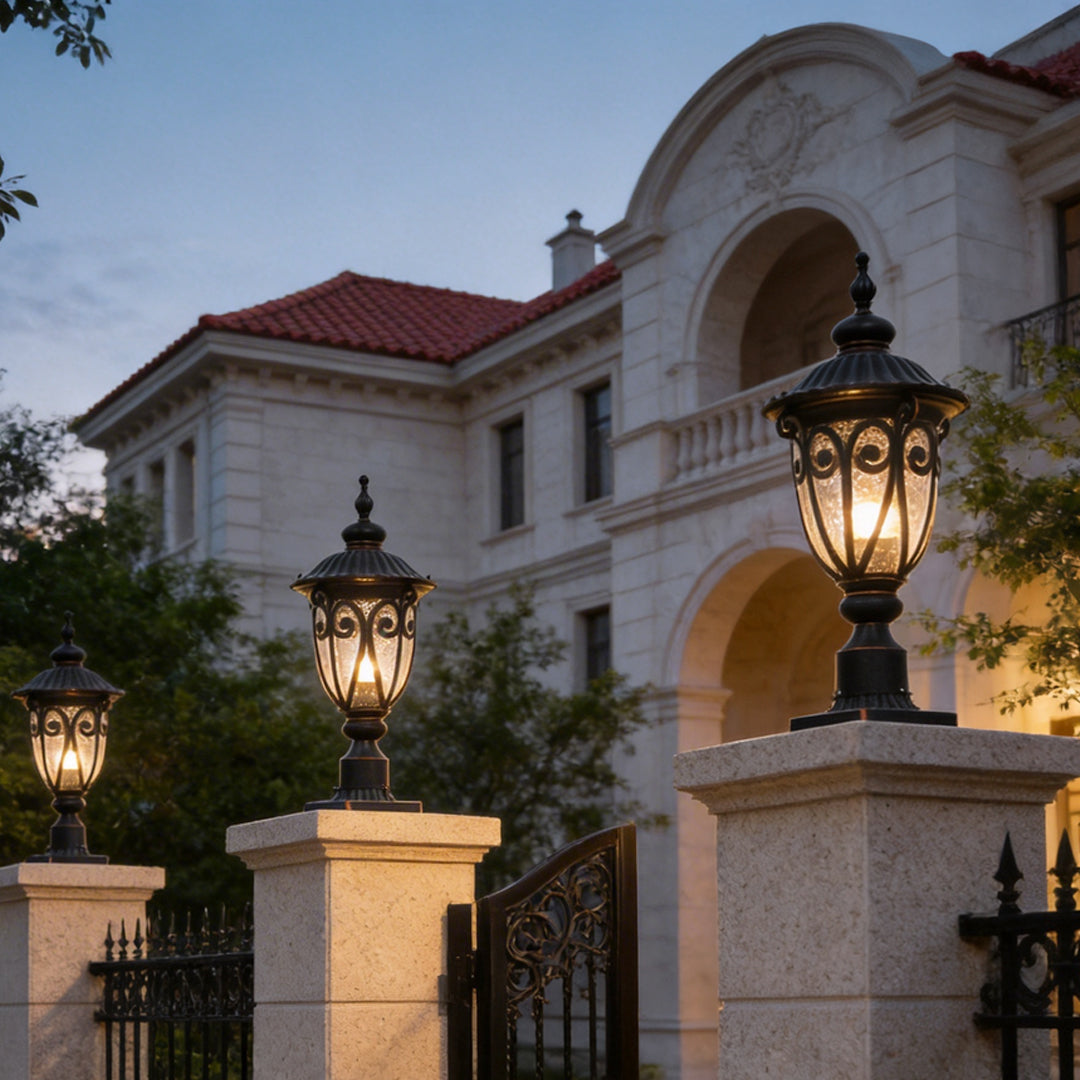 Retro Black Outdoor Pillar Lights with Glass Shade, IP54 Waterproof